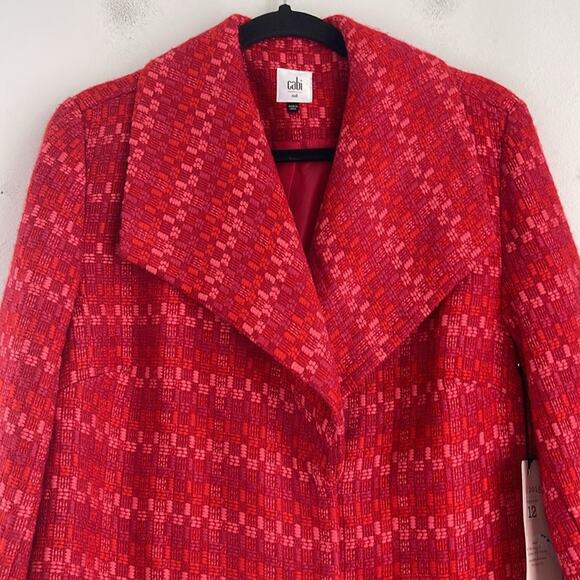 NWT CABI Sloan wool blend elastic stretch tweed red and pink midi coat sz M - Picture 2 of 9